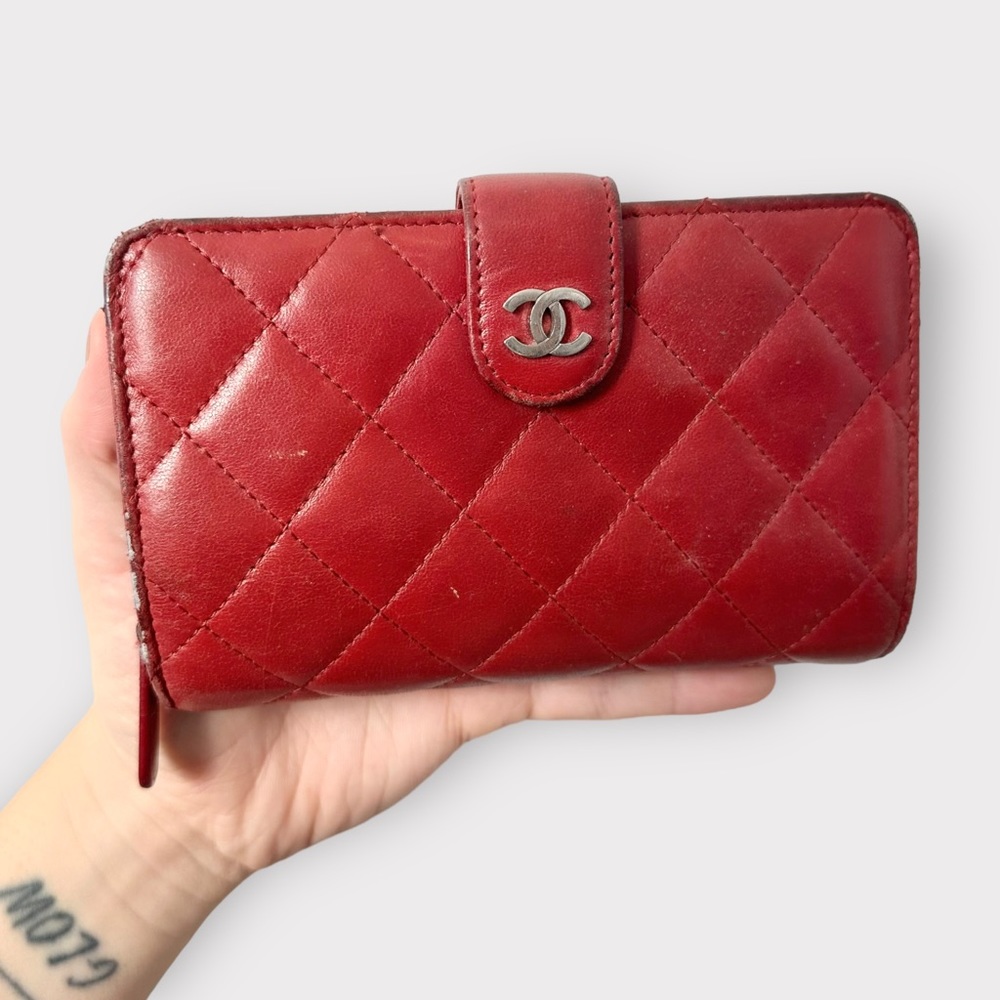 AUTHENTIC Chanel, designer, red, quilted, leather, CC French, Snap/zipper wallet